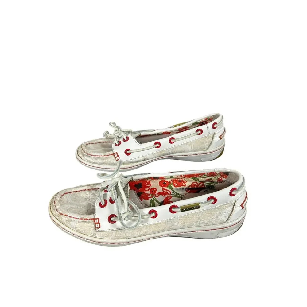 Preowned COACH boat shoe slip on- Sz 6M some overall wear- beige with red accent